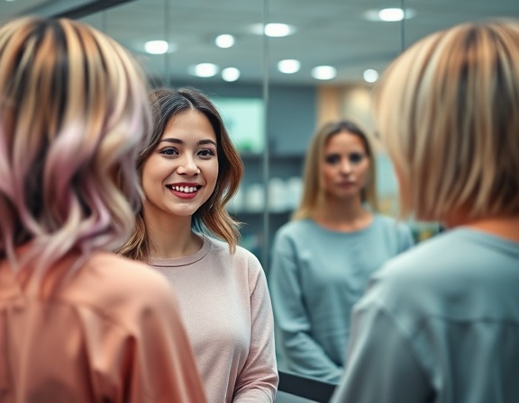fashionable haircuts trend, joyful expression, discussing styles, photorealistic, contemporary salon with glass walls, highly detailed, reflection in the mirror, pastel shades, ambient light, shot with an 85mm lens.
