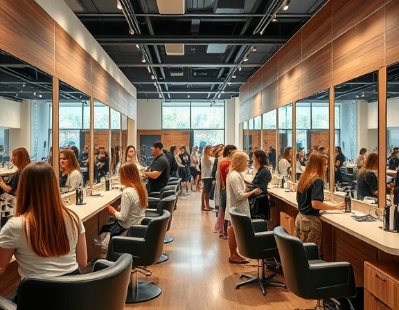 modern haircolor salon, welcoming expression, bustling with clients and stylists at work, photorealistic, sleek design with large mirrors and natural wood elements, highly detailed, clients admiring their new styles in the mirror, 1080p clarity, pastel tones with occasional vibrant pops, diffused daylight, shot with a wide-angle lens.