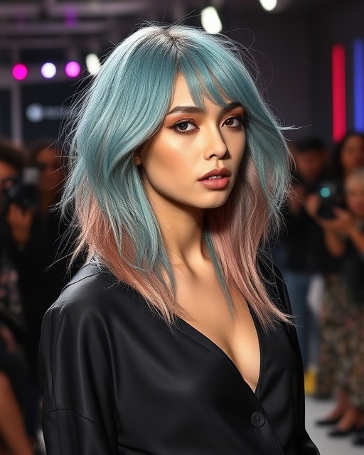 cutting-edge haircolor trend, inspiring expression, unveiled on a fashion runway, photorealistic, chic environment with flashing cameras and an excited audience, highly detailed, stylish models flaunting bold colors like ash blue and rose gold, ultra high definition, bold and bright hues, dramatic spotlight, shot with a telephoto lens.