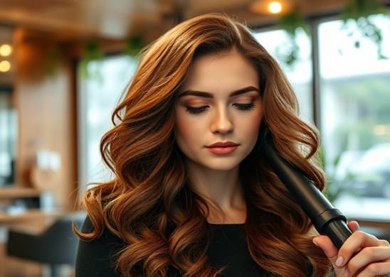 flowing locks, serene expression, having soft curls done, photorealistic, in a cozy salon with wooden accents and hanging plants, highly detailed, curling iron creating perfect spirals, ultra-sharp image, deep auburn color, ambient lighting, shot with a 35mm lens.