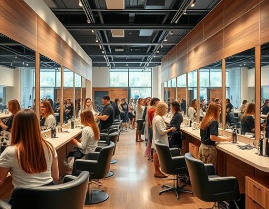 modern haircolor salon, welcoming expression, bustling with clients and stylists at work, photorealistic, sleek design with large mirrors and natural wood elements, highly detailed, clients admiring their new styles in the mirror, 1080p clarity, pastel tones with occasional vibrant pops, diffused daylight, shot with a wide-angle lens.