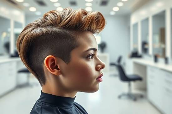 innovative haircut design, focused expression, stylist creating a masterpiece, photorealistic, sleek and minimalistic salon, highly detailed, hair clippings on the floor, vivid colors, diffused lighting, shot with a macro lens.